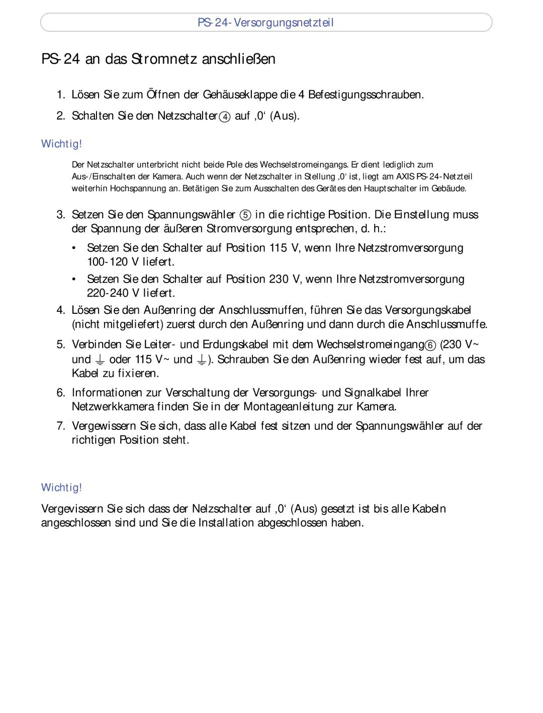 Axis Communications manual PS-24 an das Stromnetz anschließen 