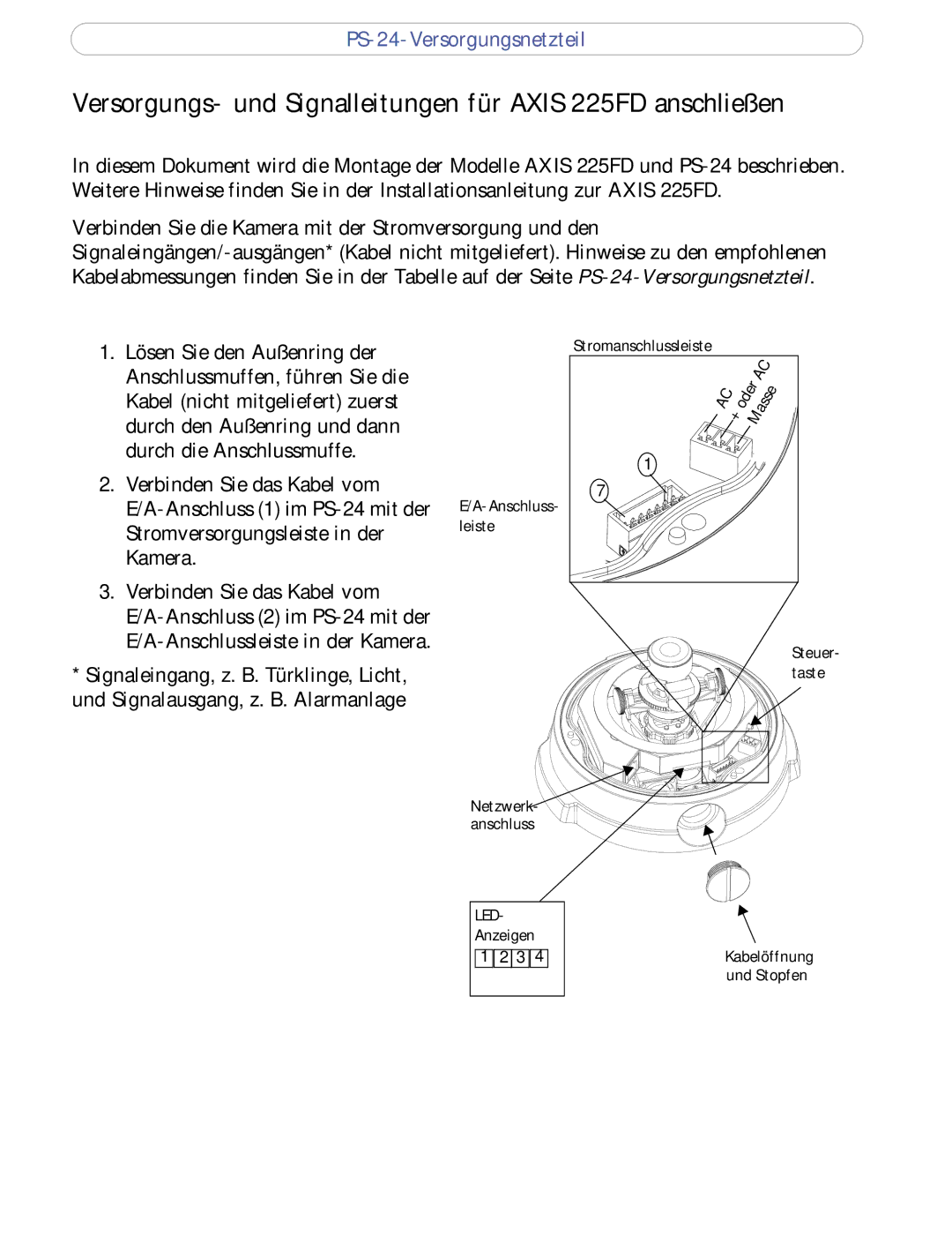 Axis Communications PS-24 manual Versorgungs- und Signalleitungen für Axis 225FD anschließen, Steuer- taste 