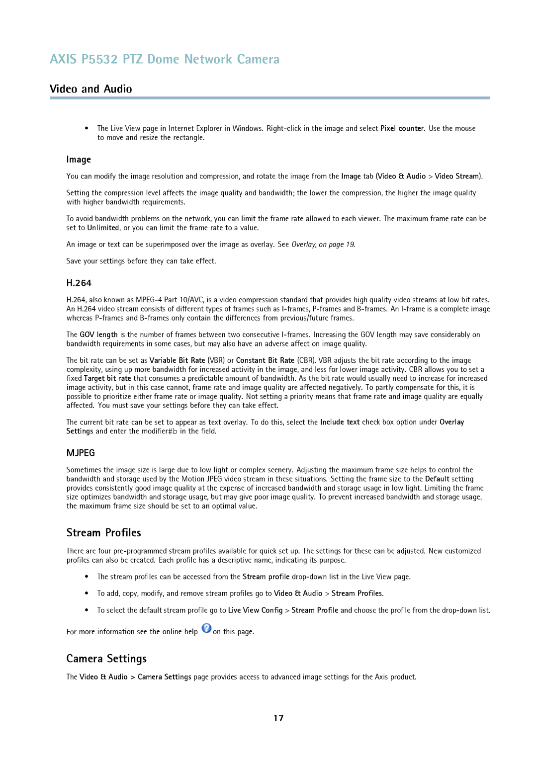 Axis Communications ptz dome network camera user manual Stream Proﬁles, Camera Settings, Image, 264 