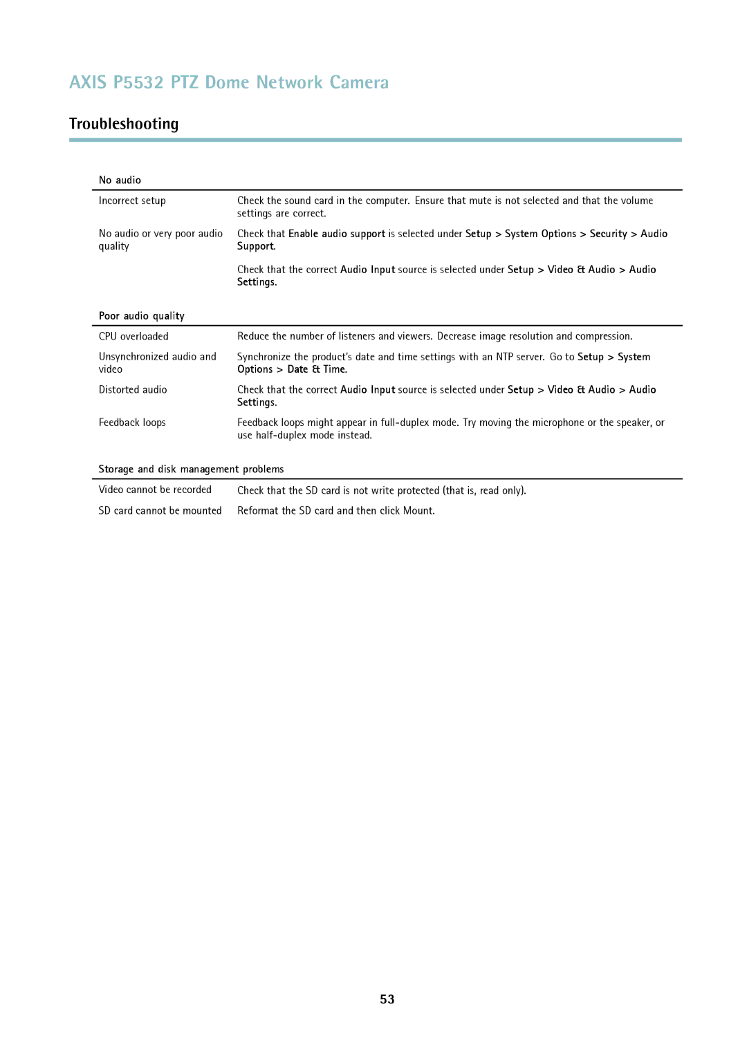 Axis Communications ptz dome network camera user manual No audio, Poor audio quality, Options Date & Time, Settings 