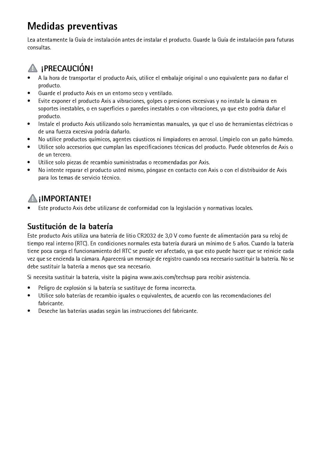 Axis Communications Q1602-E, Q1604-E manual Medidas preventivas, Sustitución de la batería 