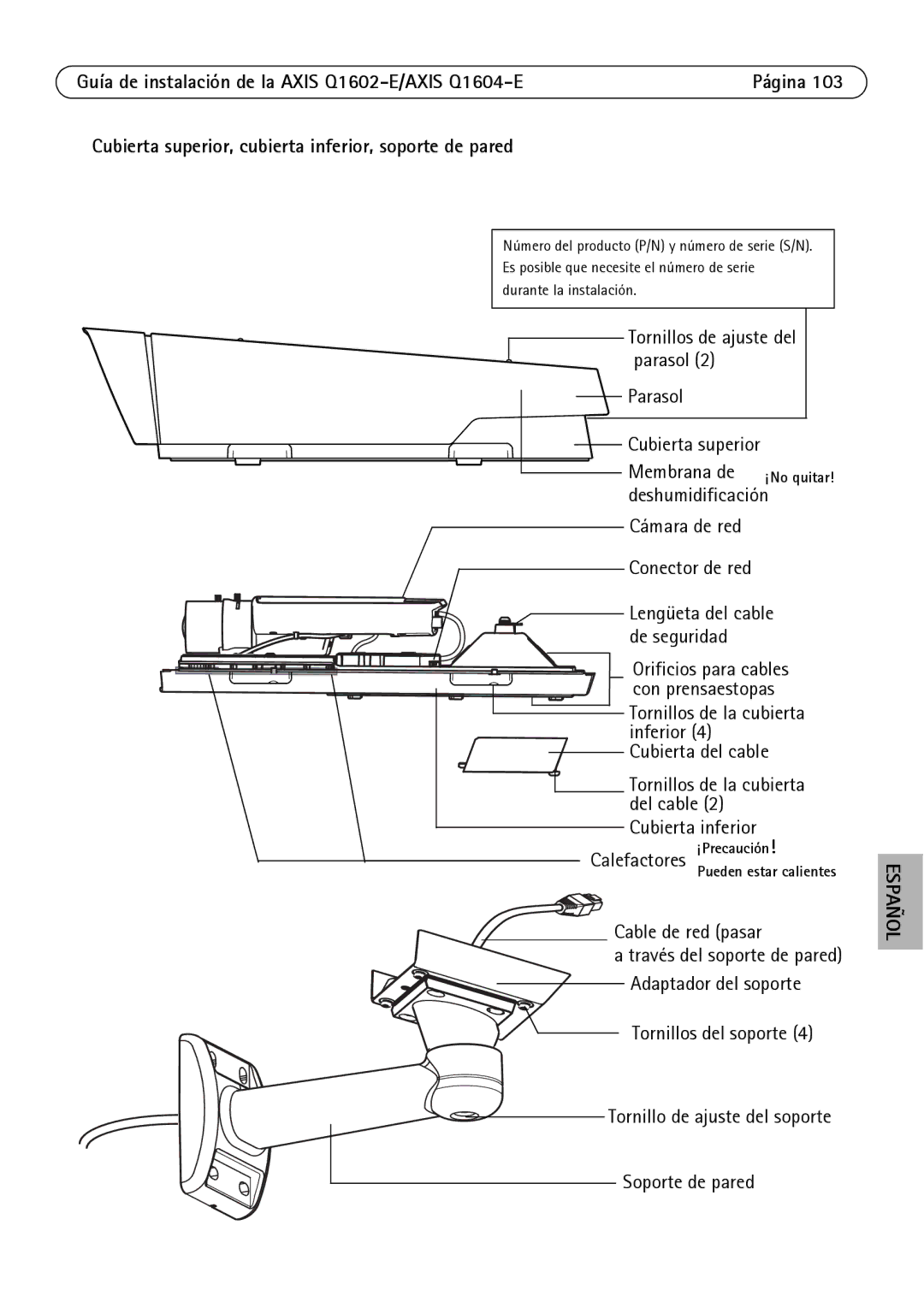 Axis Communications Q1604-E, Q1602-E manual Cubierta superior, cubierta inferior, soporte de pared, Soporte de pared 