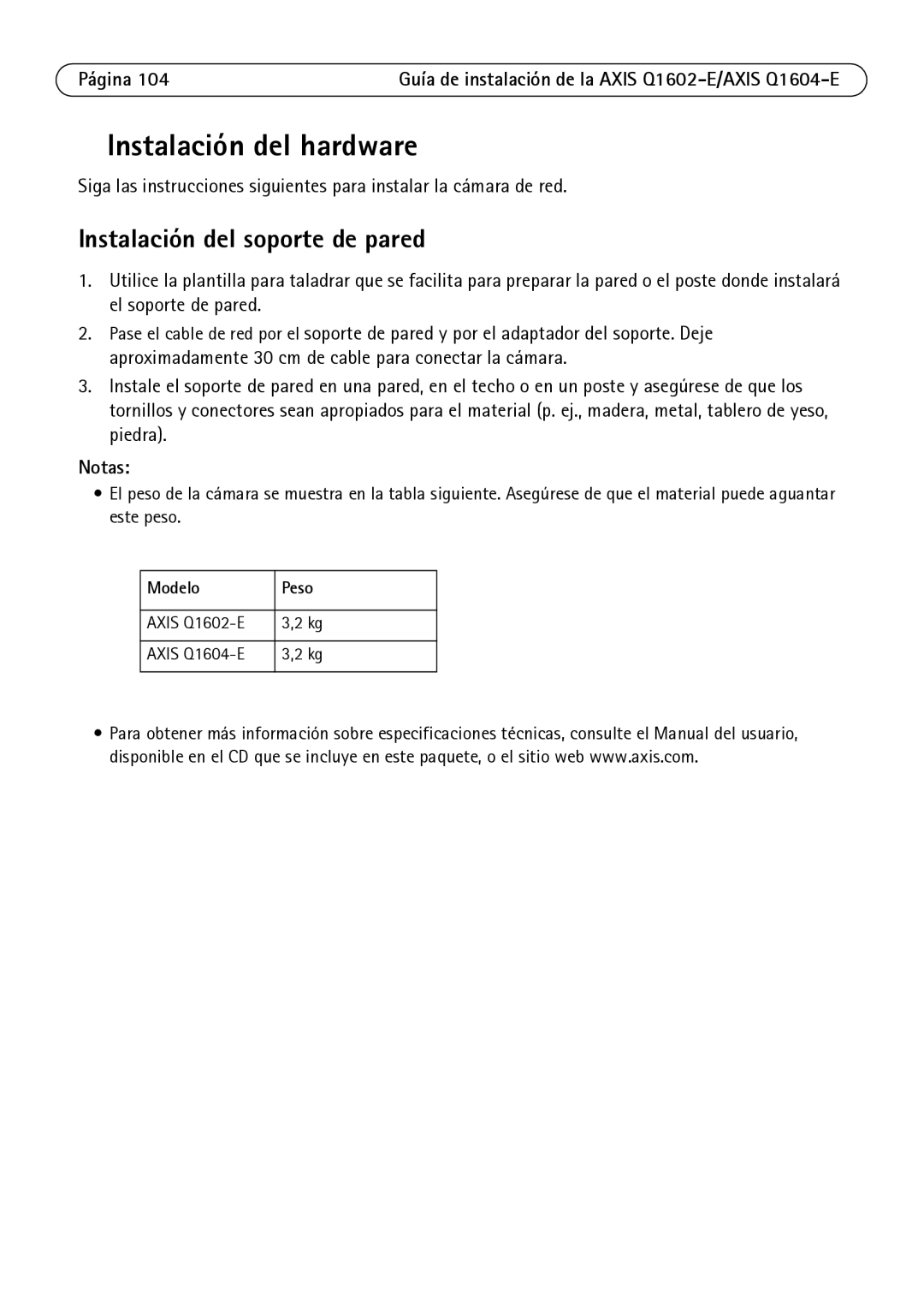 Axis Communications Q1602-E, Q1604-E manual Instalación del hardware, Instalación del soporte de pared, Notas, Modelo Peso 