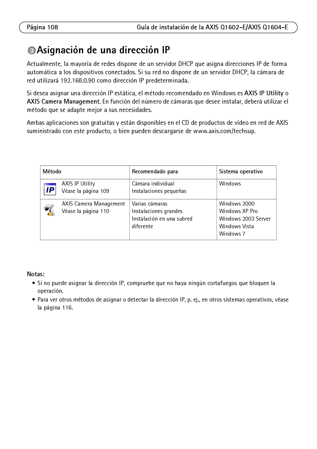 Axis Communications Q1602-E, Q1604-E manual Asignación de una dirección IP, Método Recomendado para Sistema operativo 