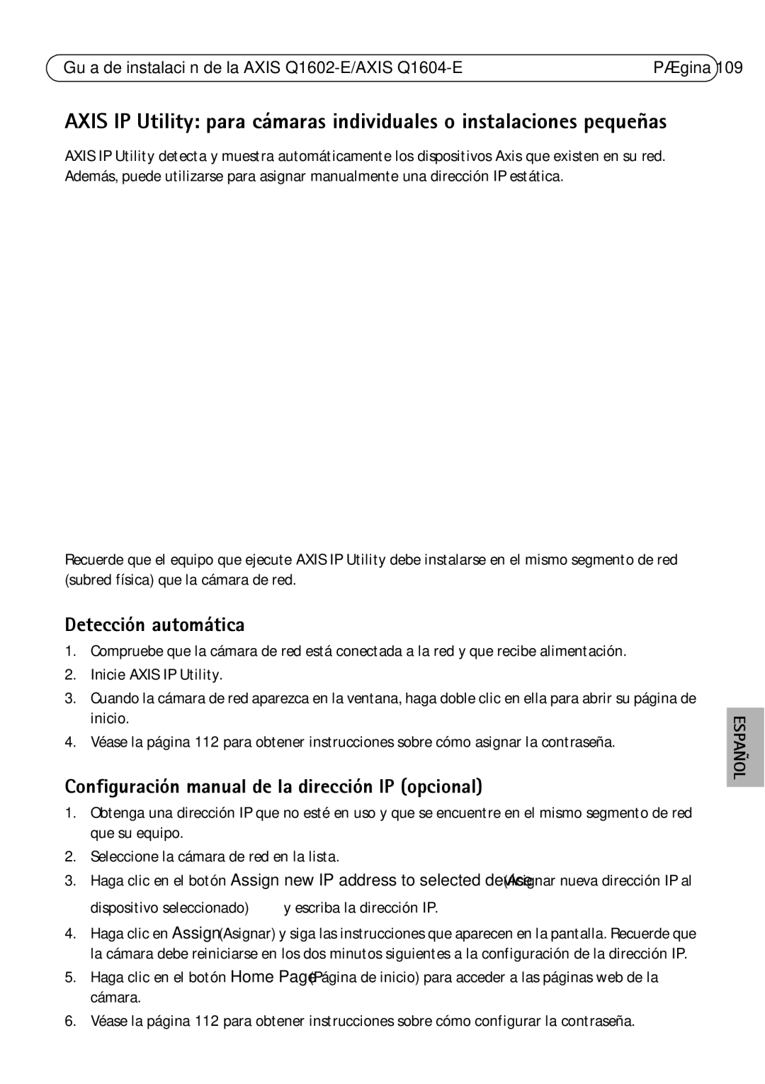 Axis Communications Q1604-E, Q1602-E Detección automática, Configuración manual de la dirección IP opcional 