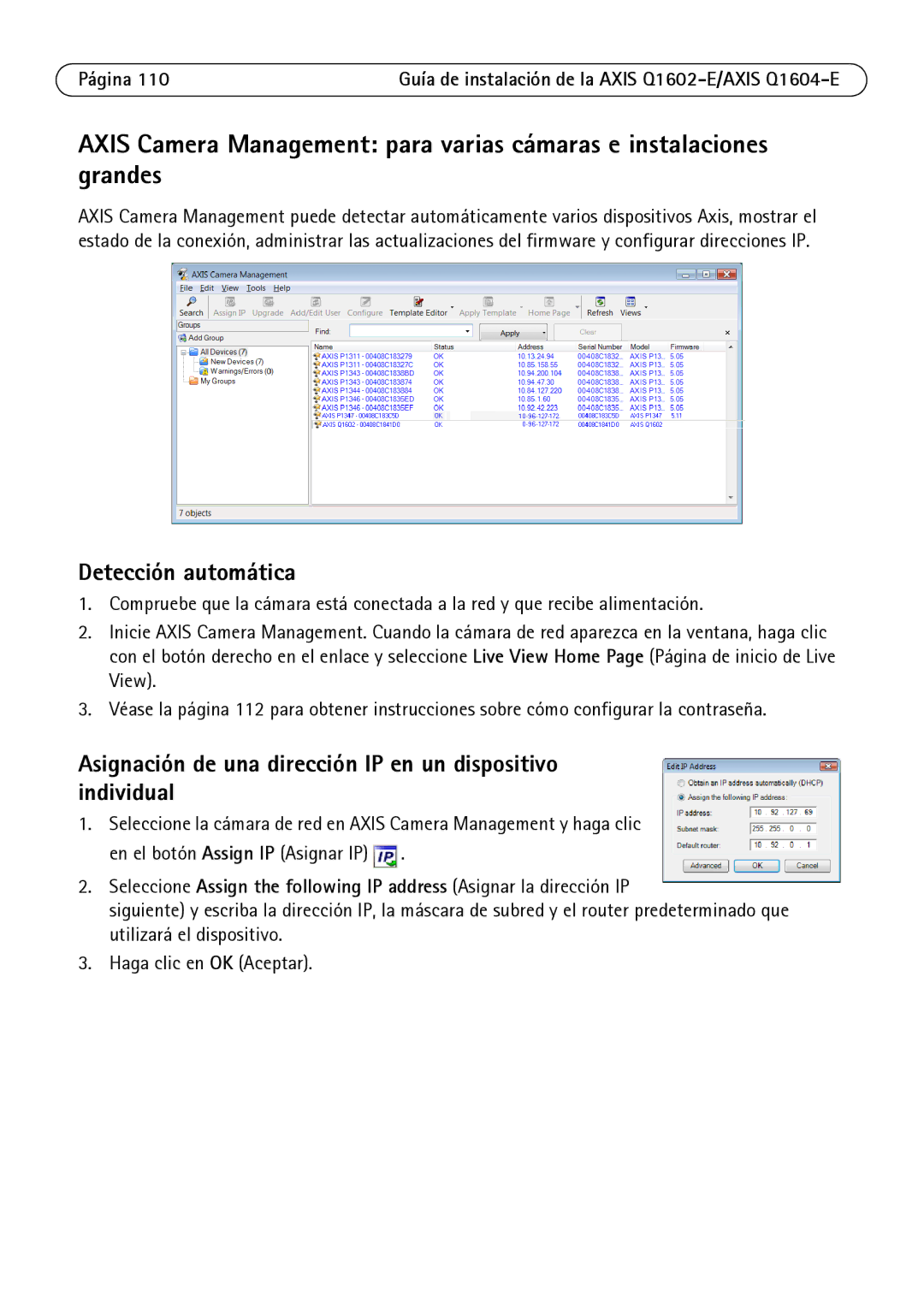 Axis Communications Q1602-E, Q1604-E manual Asignación de una dirección IP en un dispositivo individual 