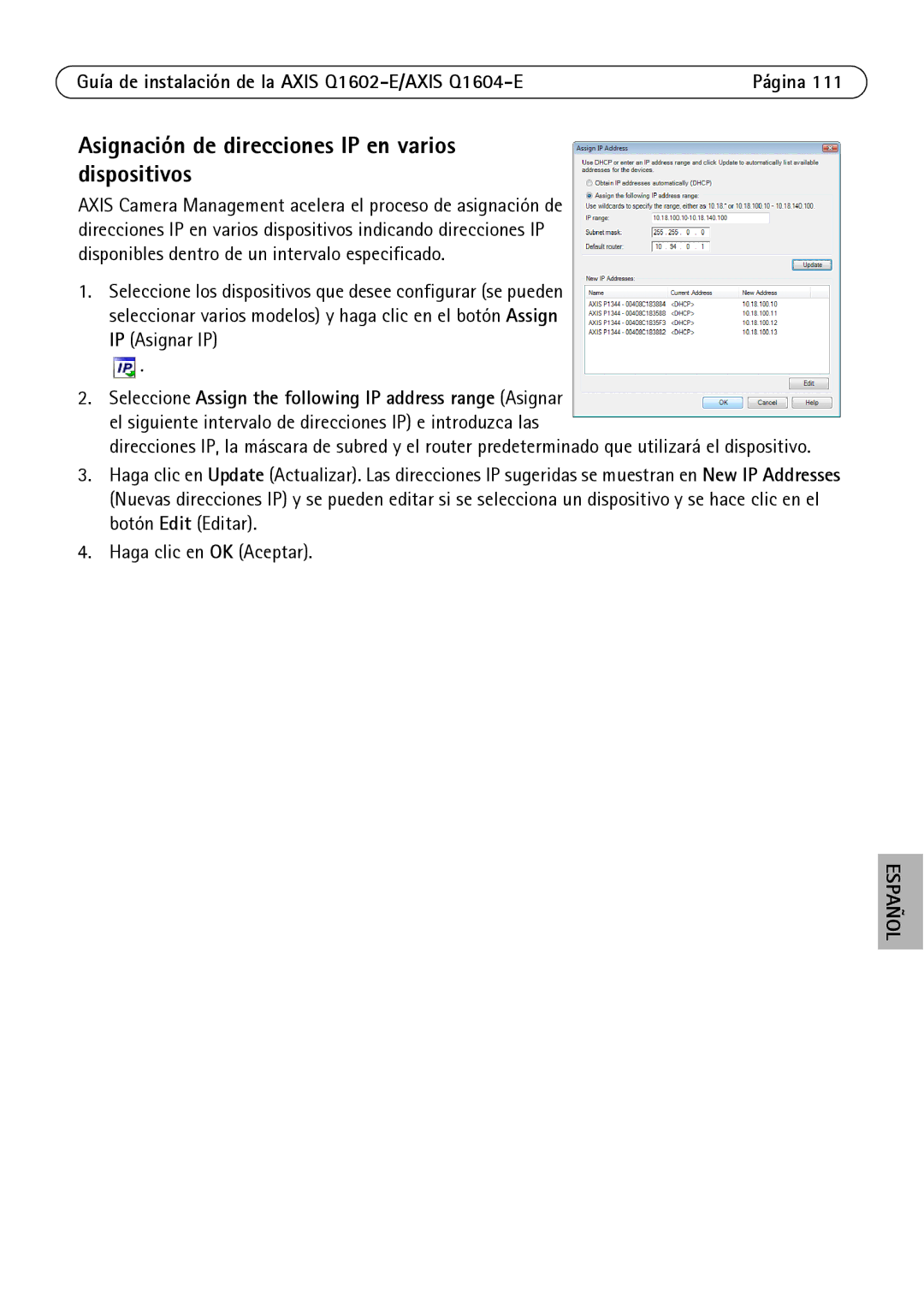 Axis Communications Q1604-E, Q1602-E manual Asignación de direcciones IP en varios dispositivos 