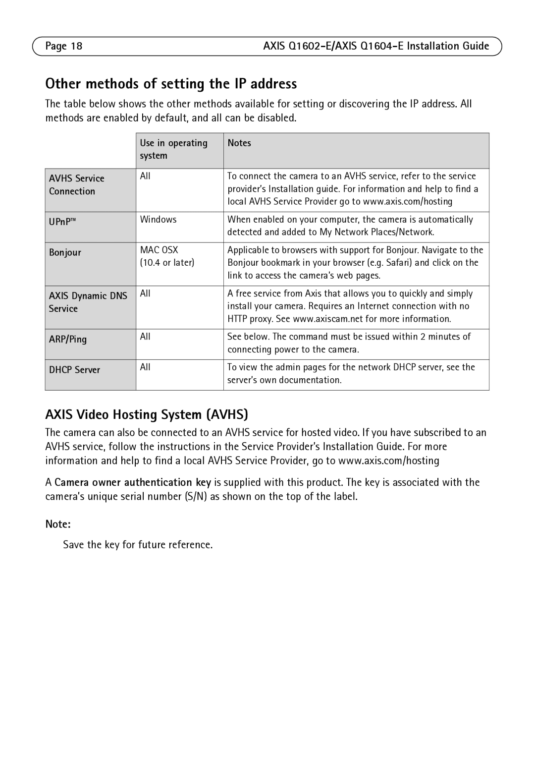 Axis Communications Q1602-E, Q1604-E manual Other methods of setting the IP address, Axis Video Hosting System Avhs 