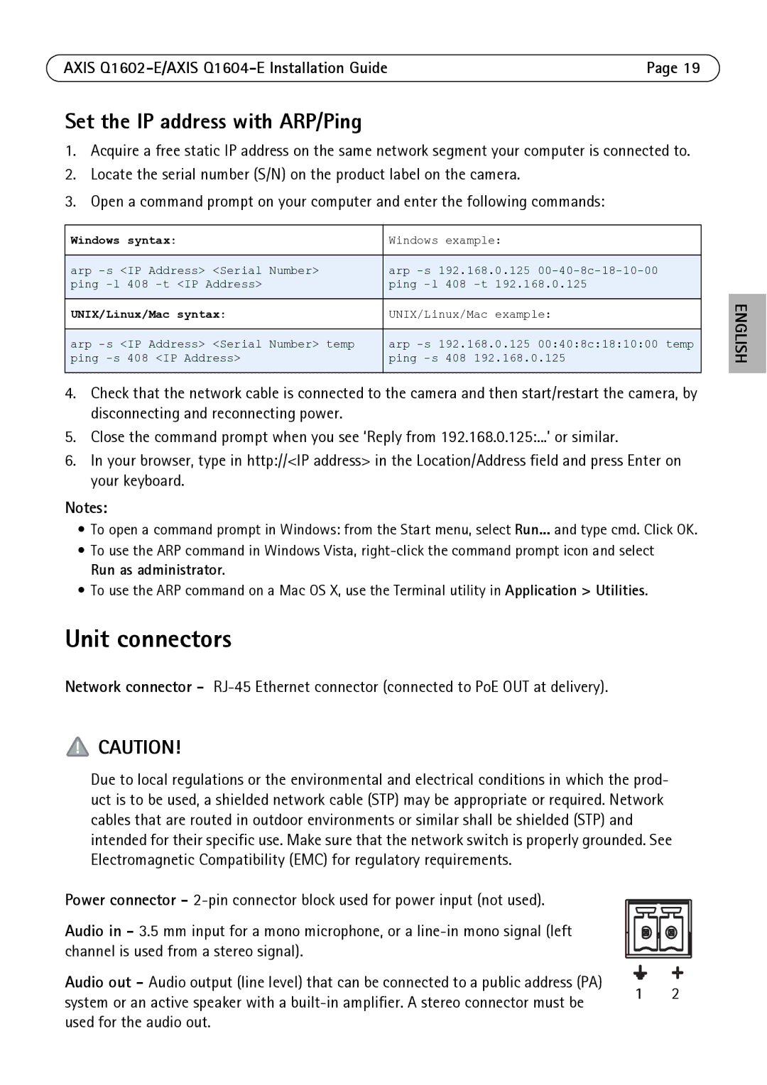 Axis Communications Q1604-E, Q1602-E manual Unit connectors, Set the IP address with ARP/Ping 