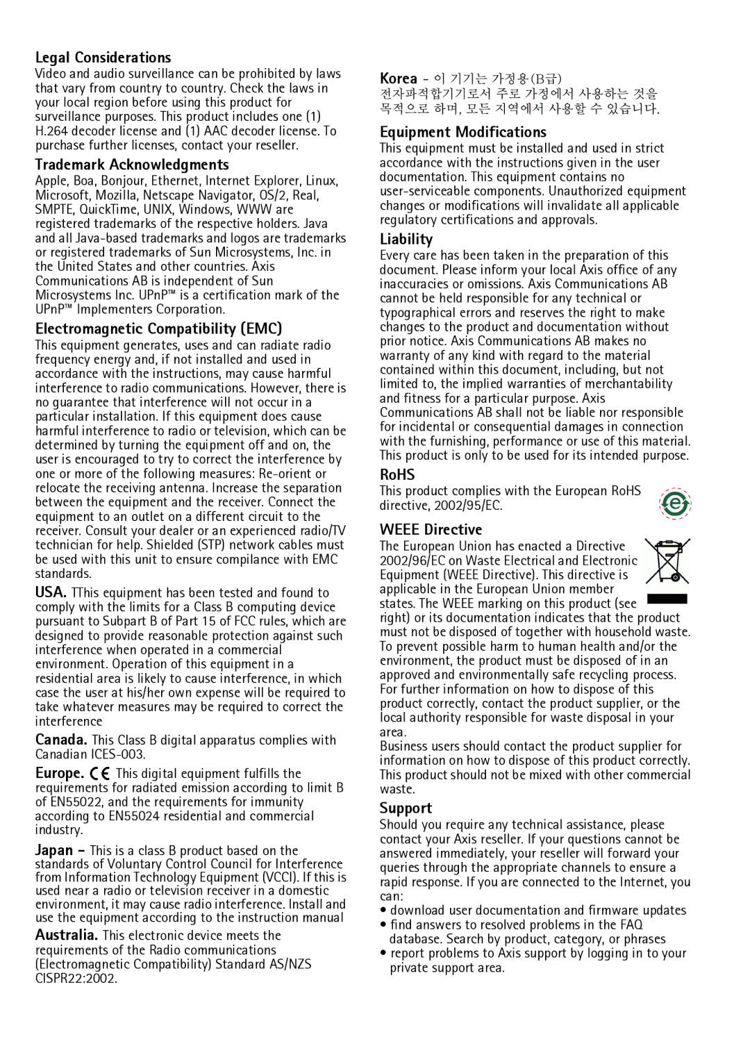 Axis Communications Q1602-E Legal Considerations, Trademark Acknowledgments, Electromagnetic Compatibility EMC, Liability 