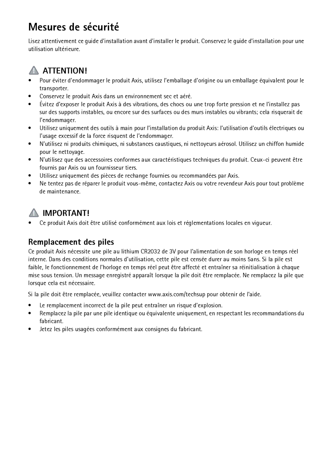 Axis Communications Q1602-E, Q1604-E manual Mesures de sécurité, Remplacement des piles 