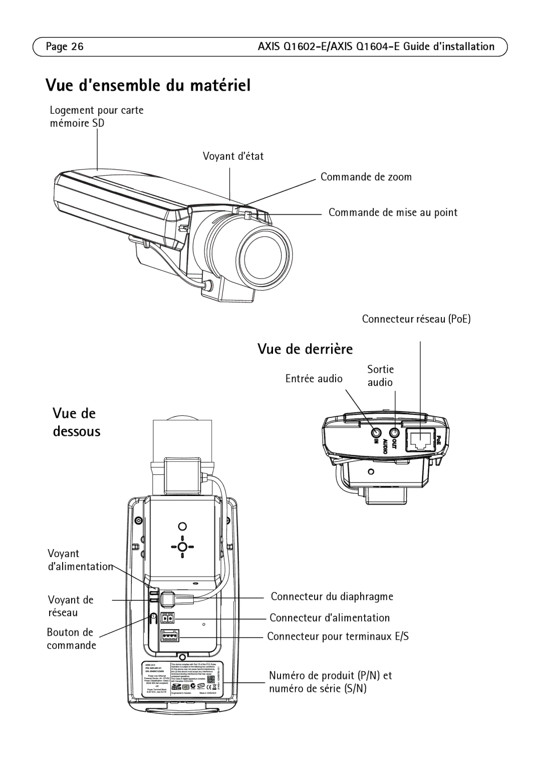 Axis Communications Q1602-E, Q1604-E manual Vue d’ensemble du matériel, Vue de derrière, Entrée audio 