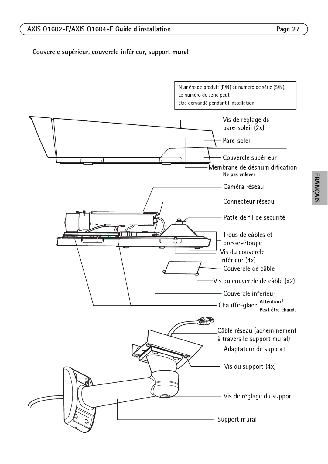 Axis Communications Q1604-E, Q1602-E manual Pare-soleil, Couvercle supérieur, Support mural 