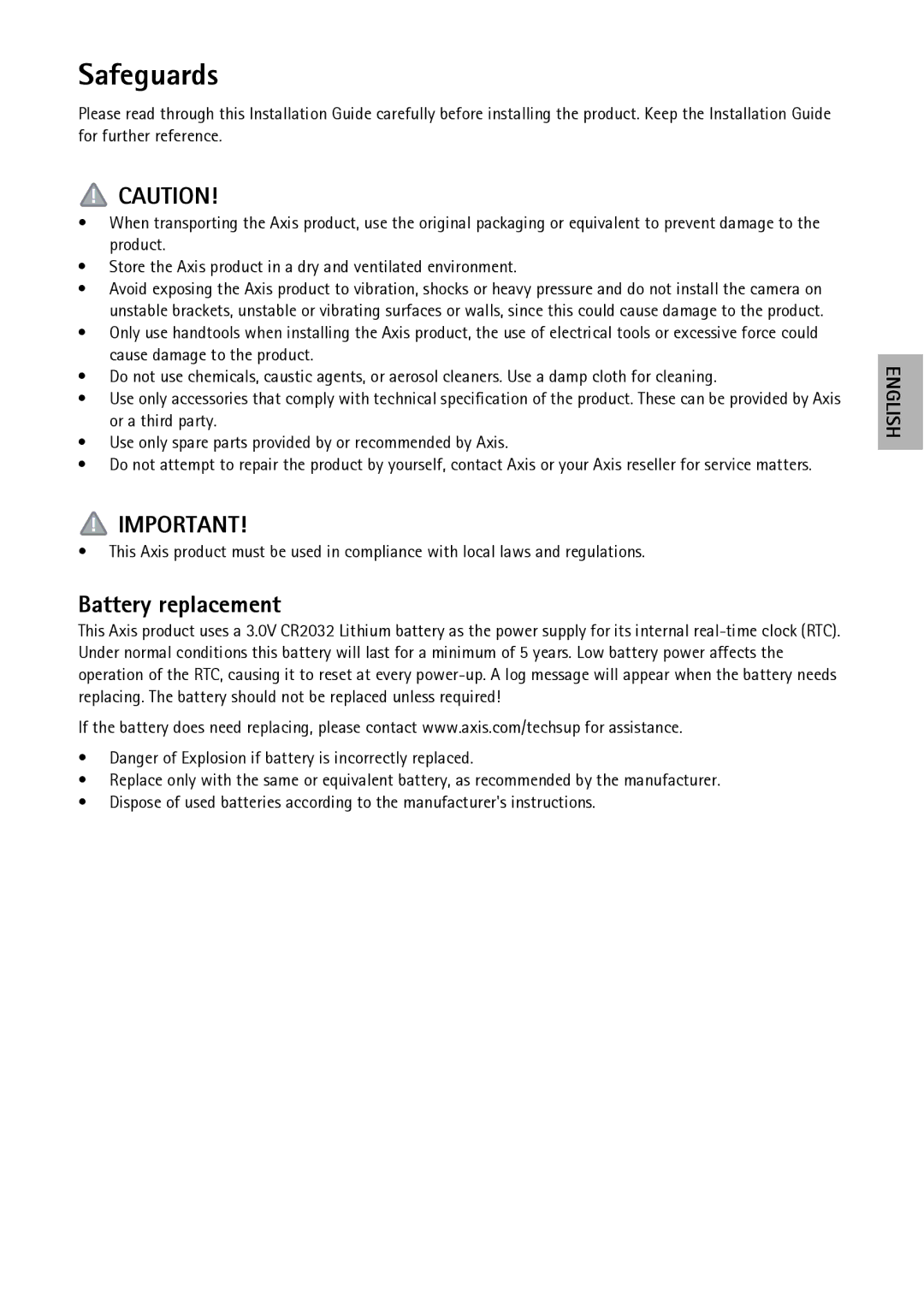 Axis Communications Q1604-E, Q1602-E manual Safeguards, Battery replacement 