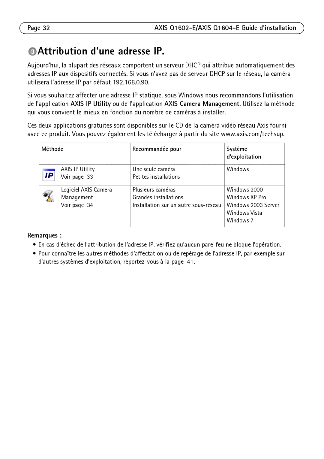 Axis Communications Q1602-E, Q1604-E manual Attribution d’une adresse IP, Méthode Recommandée pour Système ’exploitation 