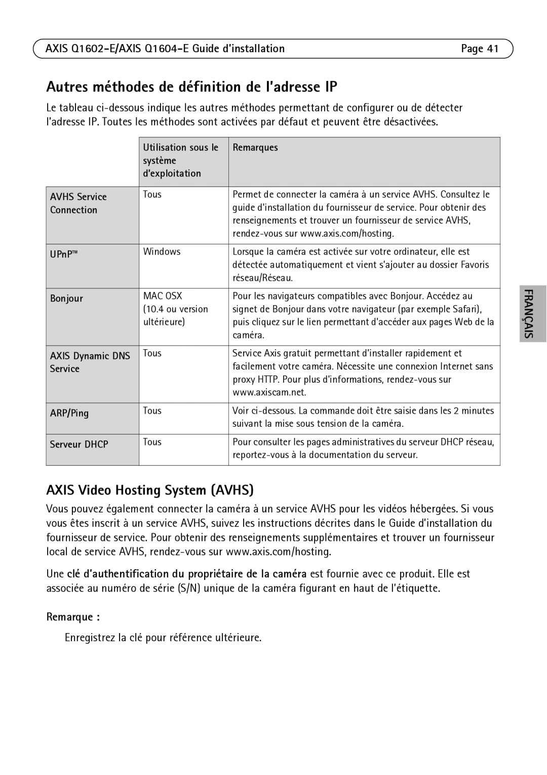 Axis Communications Q1604-E Autres méthodes de définition de l’adresse IP, Enregistrez la clé pour référence ultérieure 