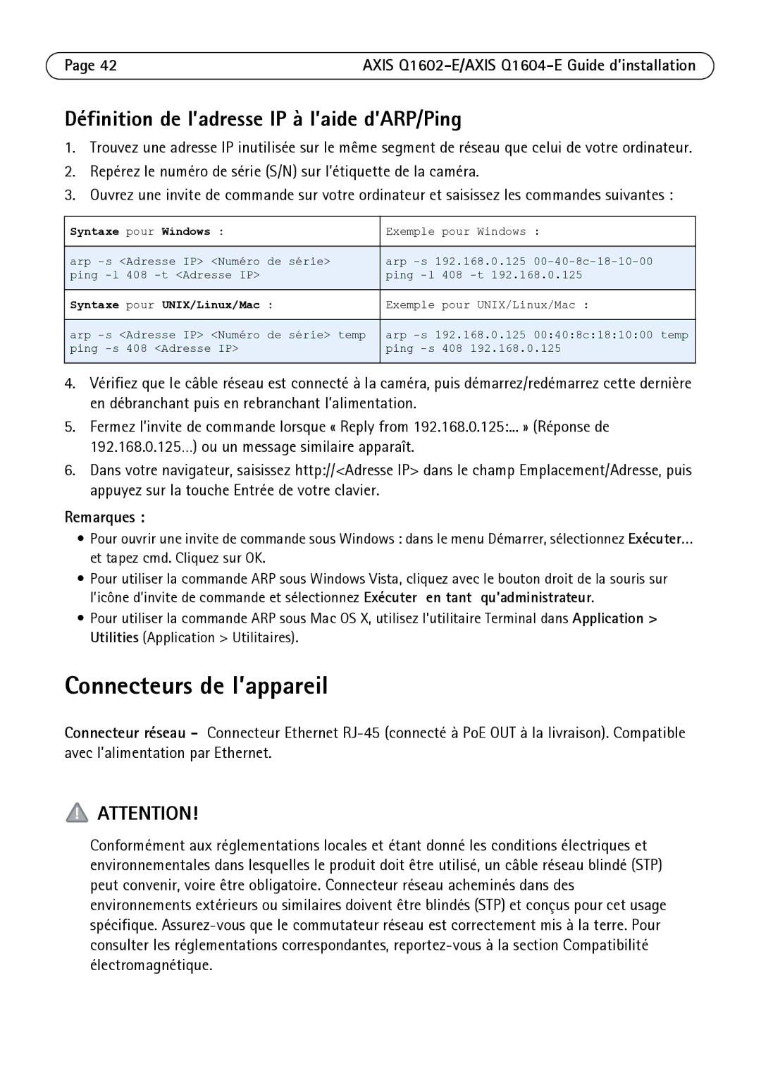 Axis Communications Q1602-E, Q1604-E manual Connecteurs de l’appareil, Définition de l’adresse IP à l’aide d’ARP/Ping 