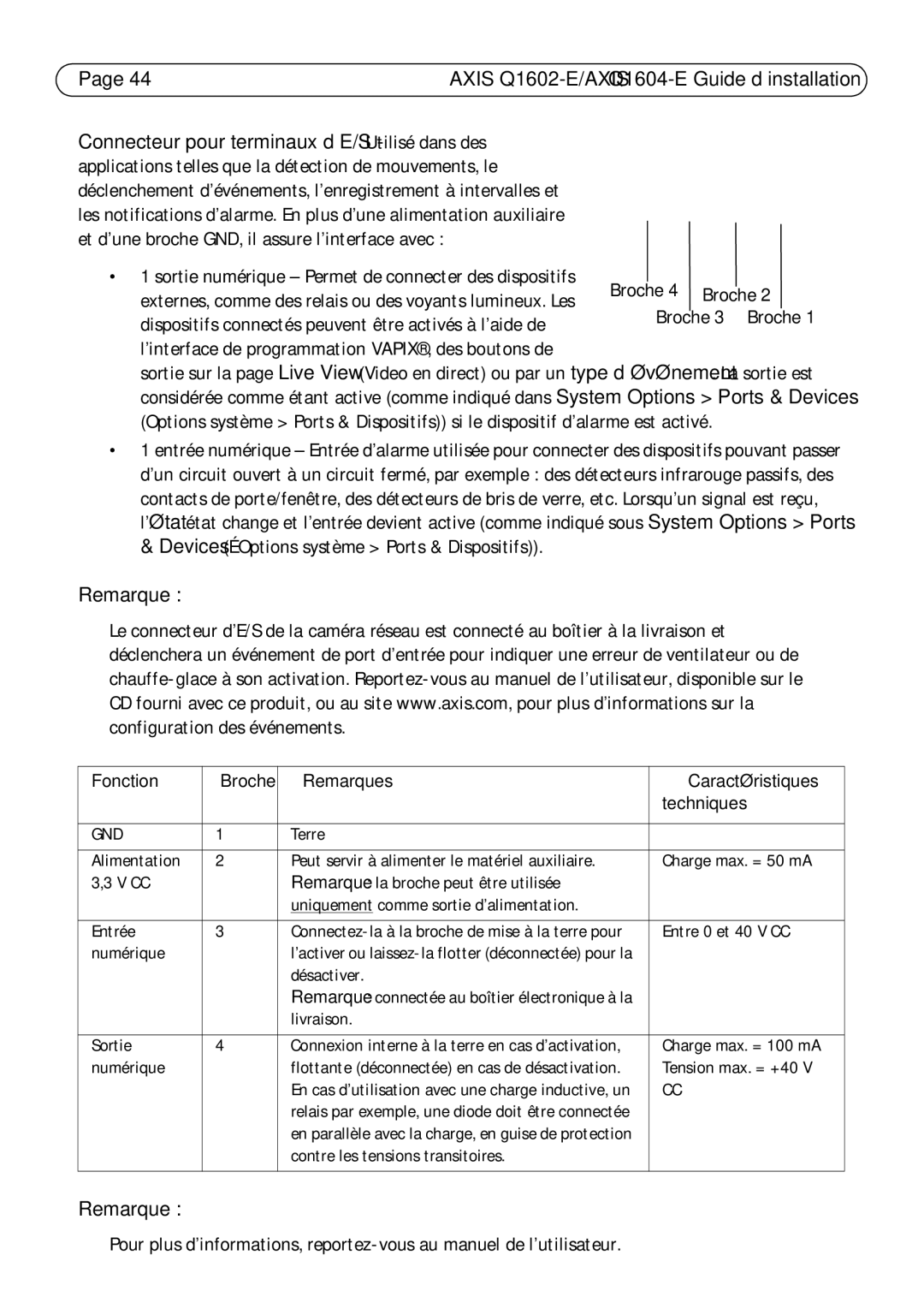 Axis Communications Q1602-E, Q1604-E manual Connecteur pour terminaux d’E/S Utilisé dans des, Broche 