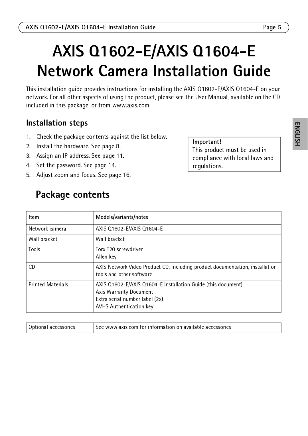 Axis Communications manual Axis Q1602-E/AXIS Q1604-E Network Camera Installation Guide, Package contents 