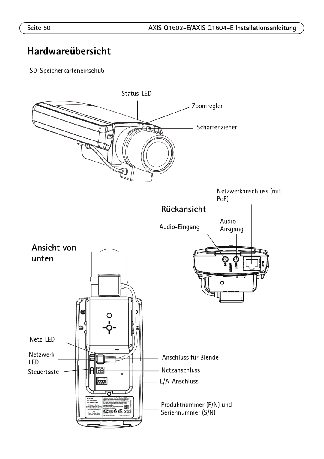 Axis Communications Q1602-E, Q1604-E manual Hardwareübersicht, Rückansicht, Ansicht von unten, Seite 