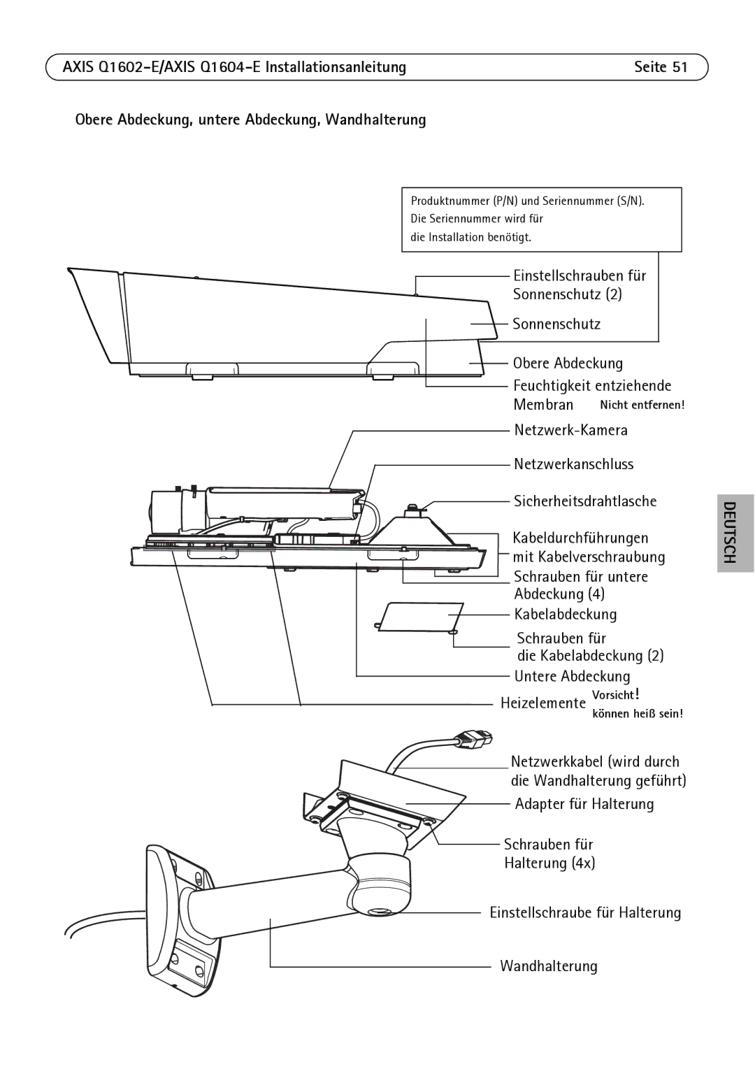 Axis Communications Q1604-E, Q1602-E manual Obere Abdeckung, untere Abdeckung, Wandhalterung 