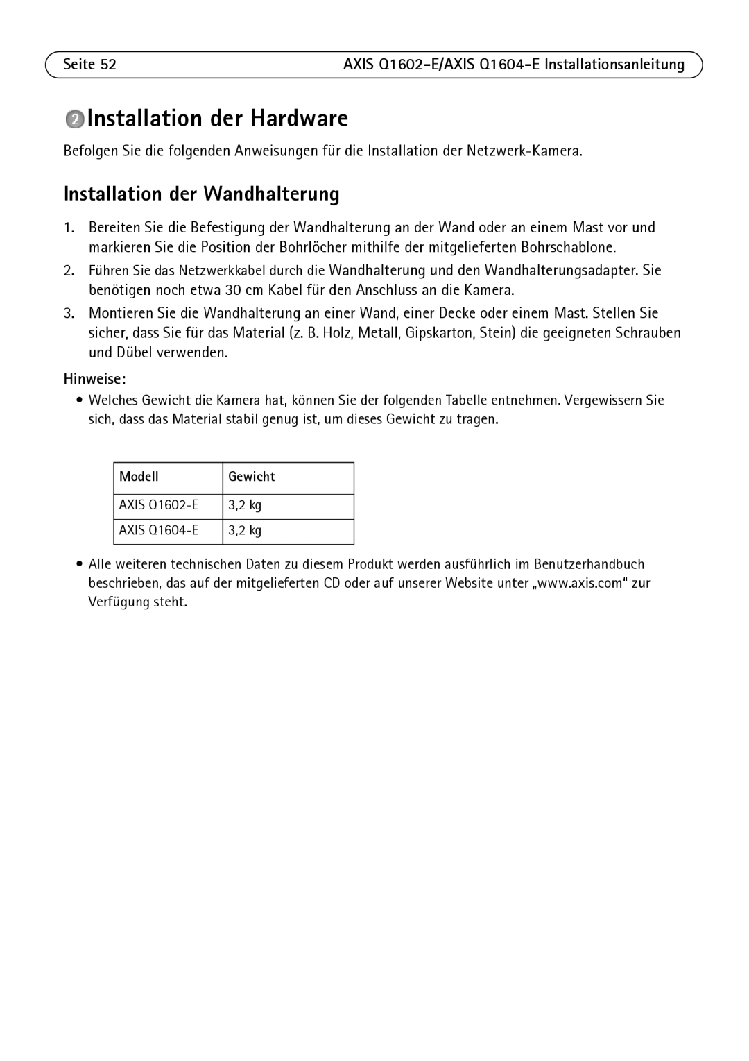 Axis Communications Q1602-E, Q1604-E Installation der Hardware, Installation der Wandhalterung, Hinweise, Modell Gewicht 