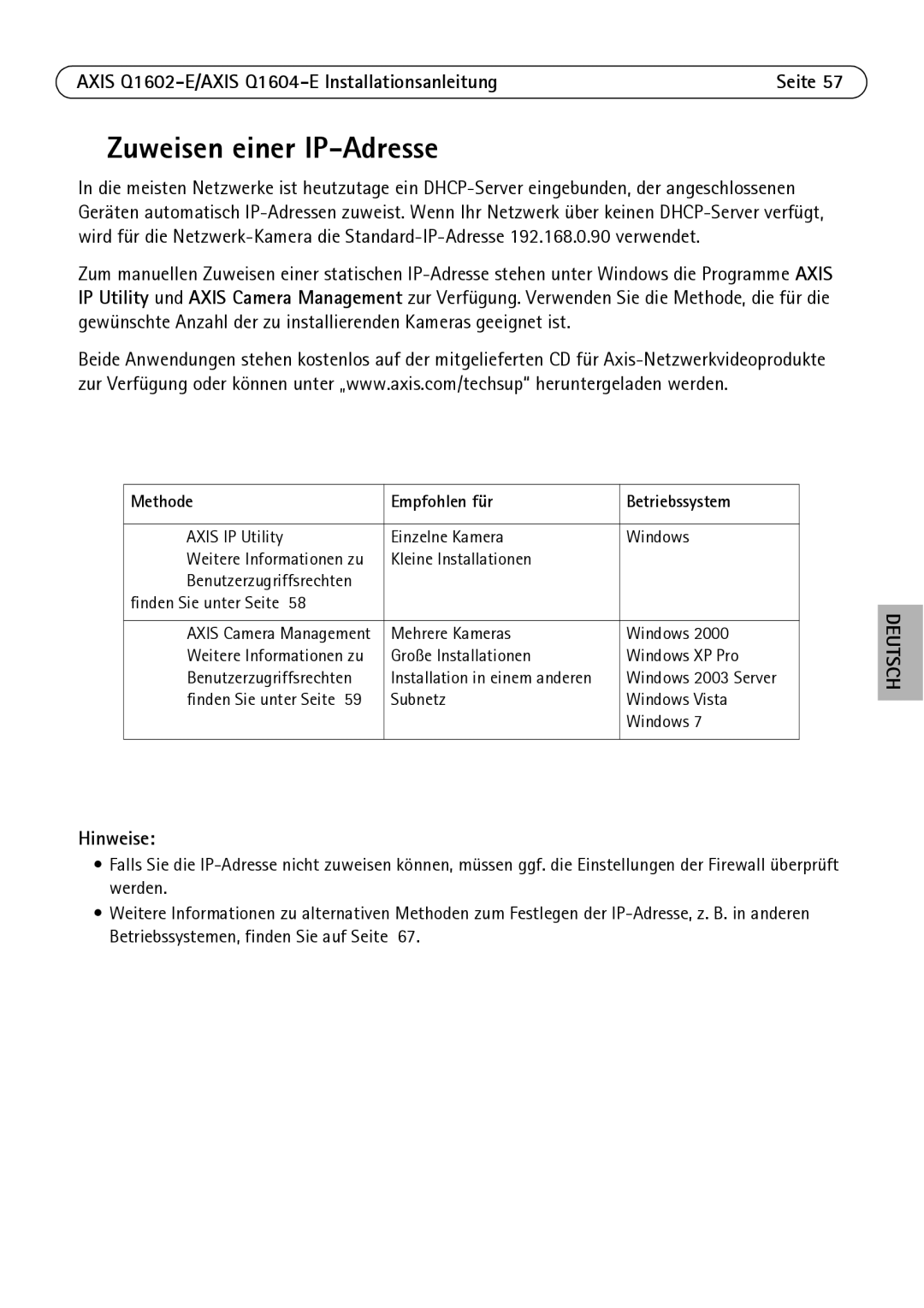 Axis Communications Q1604-E, Q1602-E manual Zuweisen einer IP-Adresse, Methode Empfohlen für Betriebssystem 