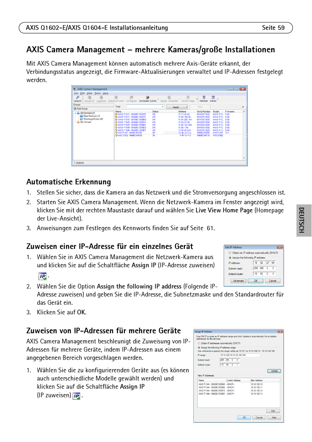 Axis Communications Q1604-E, Q1602-E manual Axis Camera Management mehrere Kameras/große Installationen, IP zuweisen 