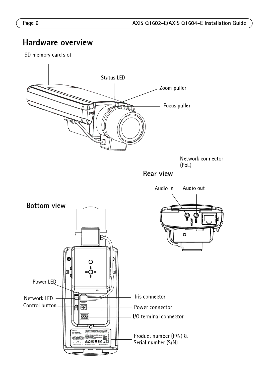 Axis Communications Q1602-E, Q1604-E manual Hardware overview, Rear view, Bottom view 