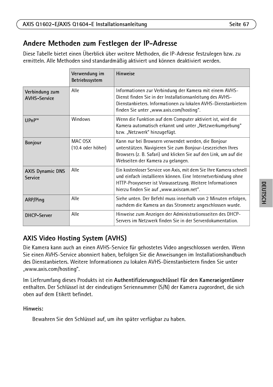 Axis Communications Q1604-E, Q1602-E Andere Methoden zum Festlegen der IP-Adresse, Hinweise, AVHS-Service, DHCP-Server 