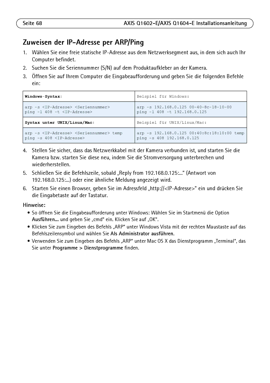 Axis Communications Q1602-E, Q1604-E manual Zuweisen der IP-Adresse per ARP/Ping, Windows-Syntax 