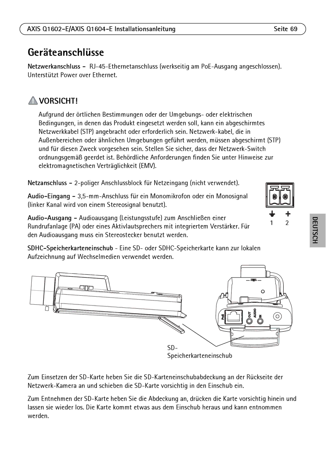 Axis Communications Q1604-E, Q1602-E manual Geräteanschlüsse, Speicherkarteneinschub 