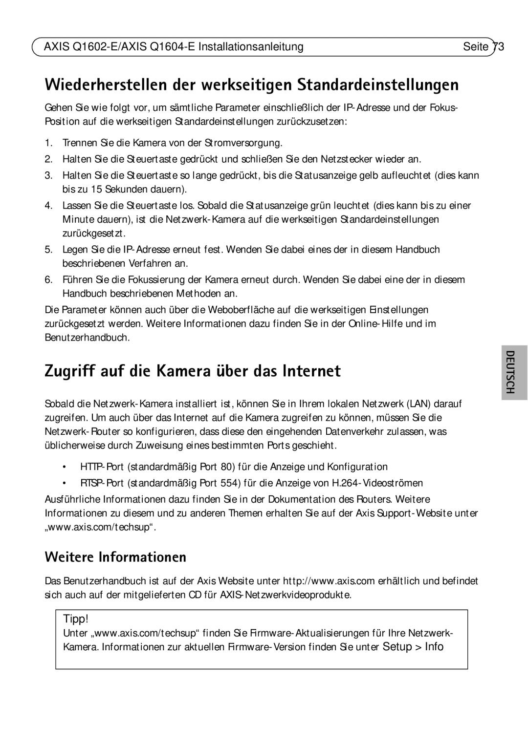 Axis Communications Q1604-E, Q1602-E manual Zugriff auf die Kamera über das Internet, Weitere Informationen, Tipp 