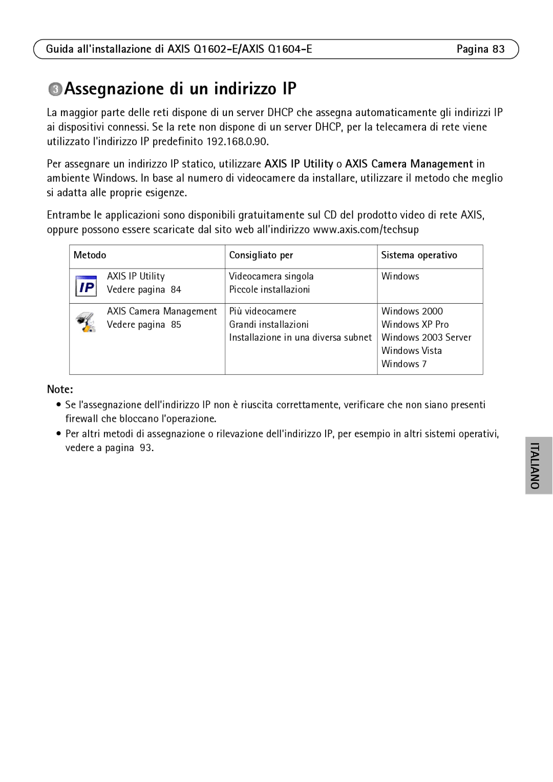 Axis Communications Q1604-E, Q1602-E manual Assegnazione di un indirizzo IP, Metodo Consigliato per Sistema operativo 