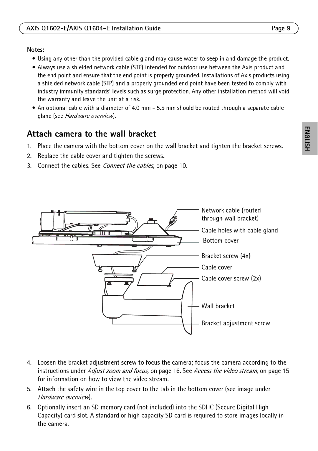 Axis Communications manual Attach camera to the wall bracket, Axis Q1602-E/AXIS Q1604-E Installation Guide 