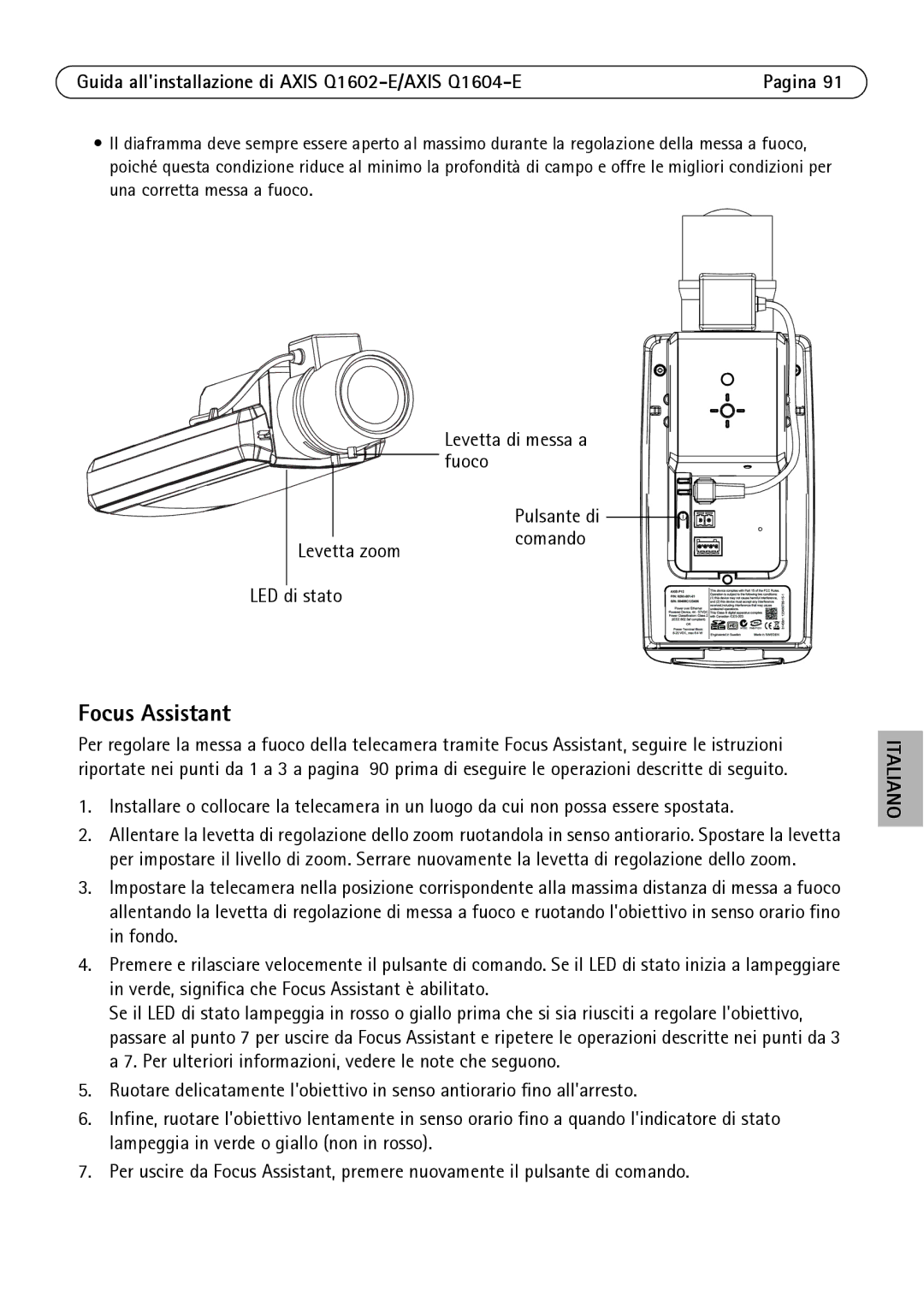 Axis Communications Q1604-E, Q1602-E manual Fuoco, Levetta zoom Comando LED di stato 