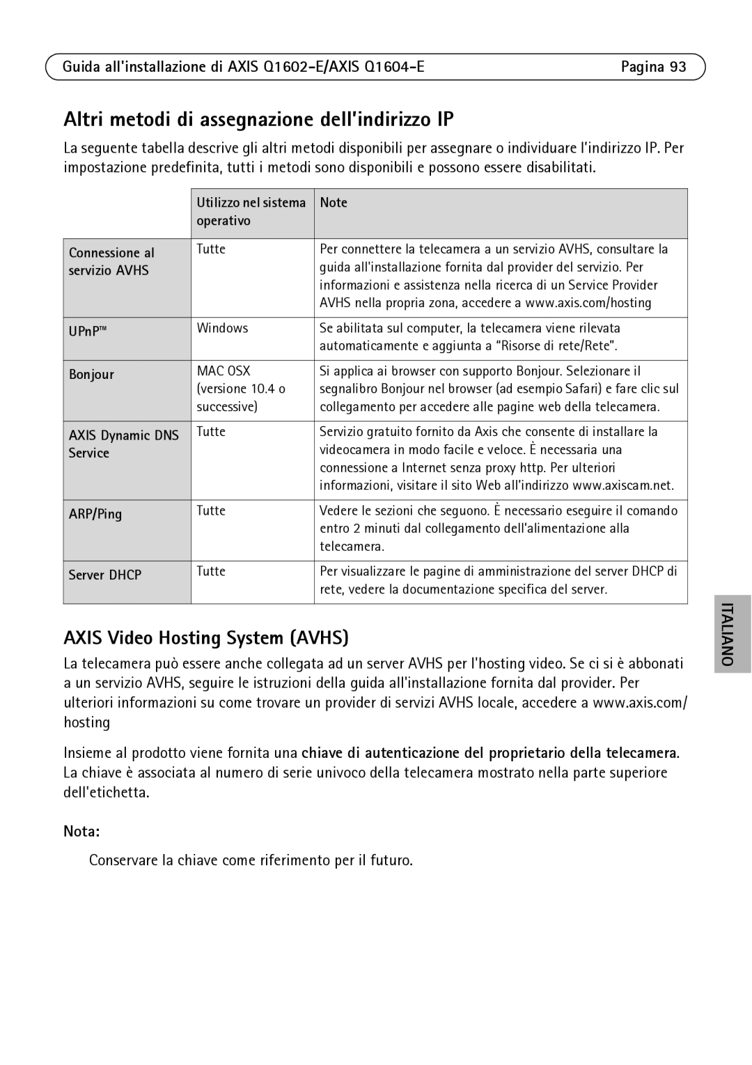 Axis Communications Q1604-E manual Altri metodi di assegnazione dell’indirizzo IP, Operativo Connessione al, Servizio Avhs 