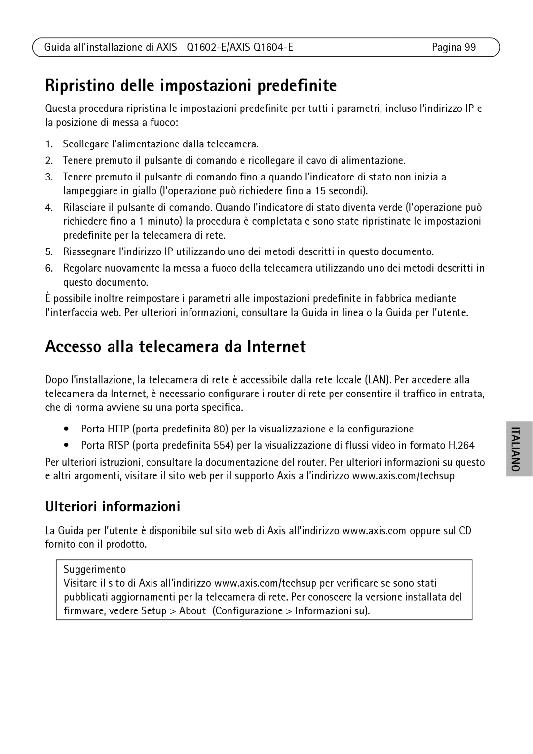 Axis Communications Q1604-E Ripristino delle impostazioni predefinite, Accesso alla telecamera da Internet, Suggerimento 