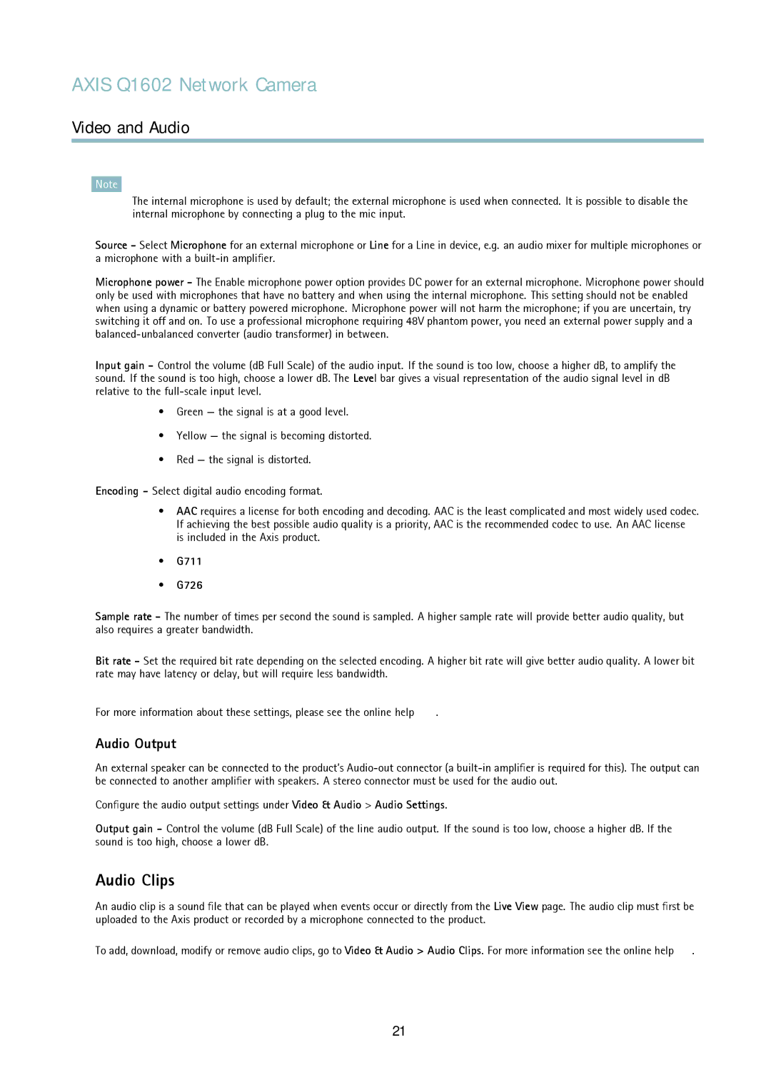 Axis Communications Q1602 user manual Audio Clips, Audio Output, G711 G726 