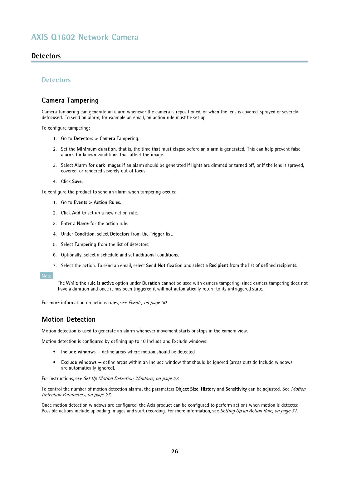 Axis Communications Q1602 user manual Detectors, Camera Tampering, Motion Detection 