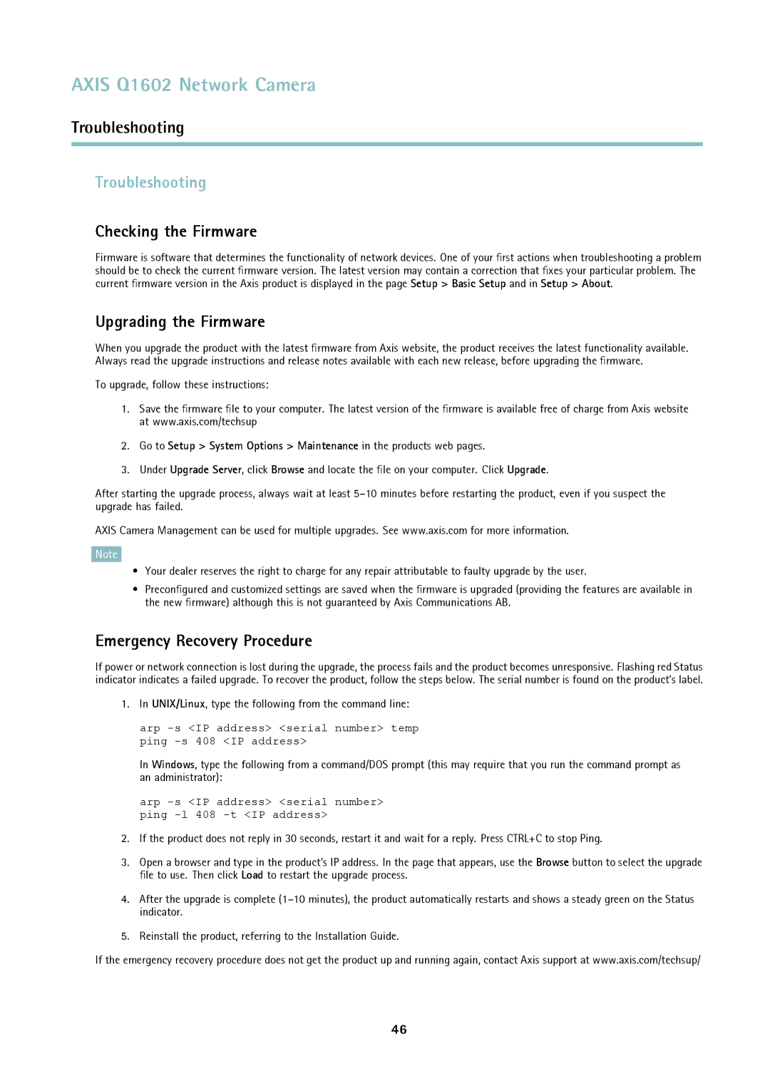 Axis Communications Q1602 Troubleshooting, Checking the Firmware, Upgrading the Firmware, Emergency Recovery Procedure 