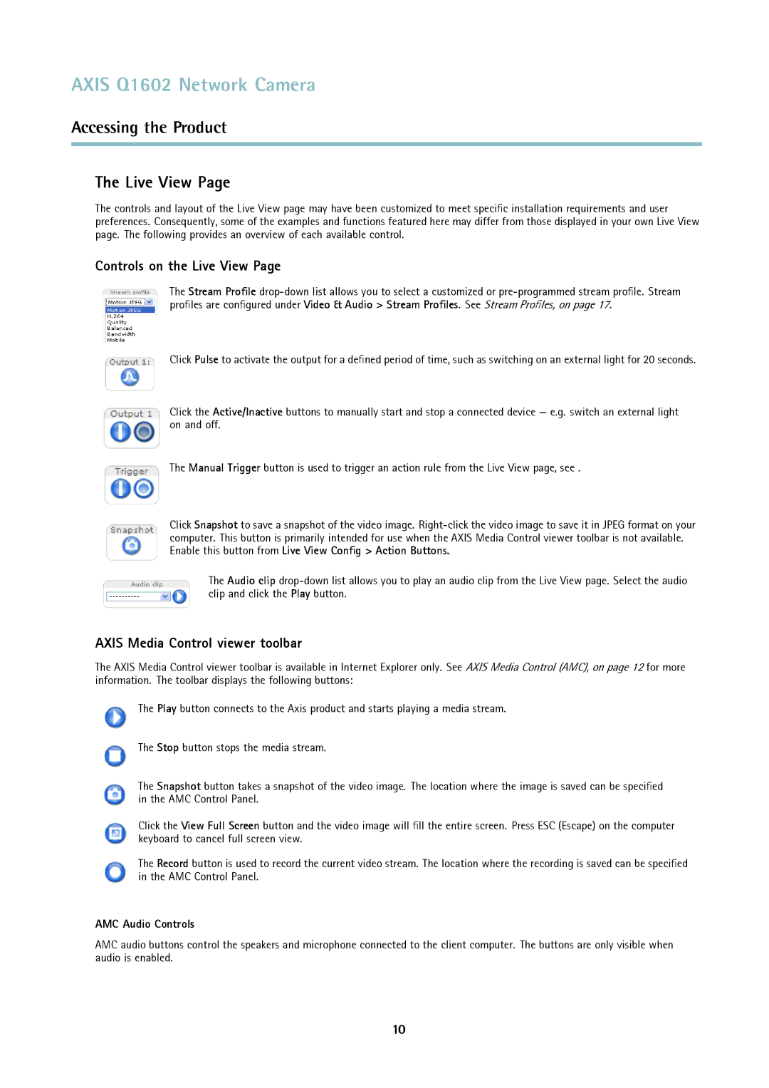 Axis Communications Q1602 user manual Controls on the Live View, Axis Media Control viewer toolbar, AMC Audio Controls 