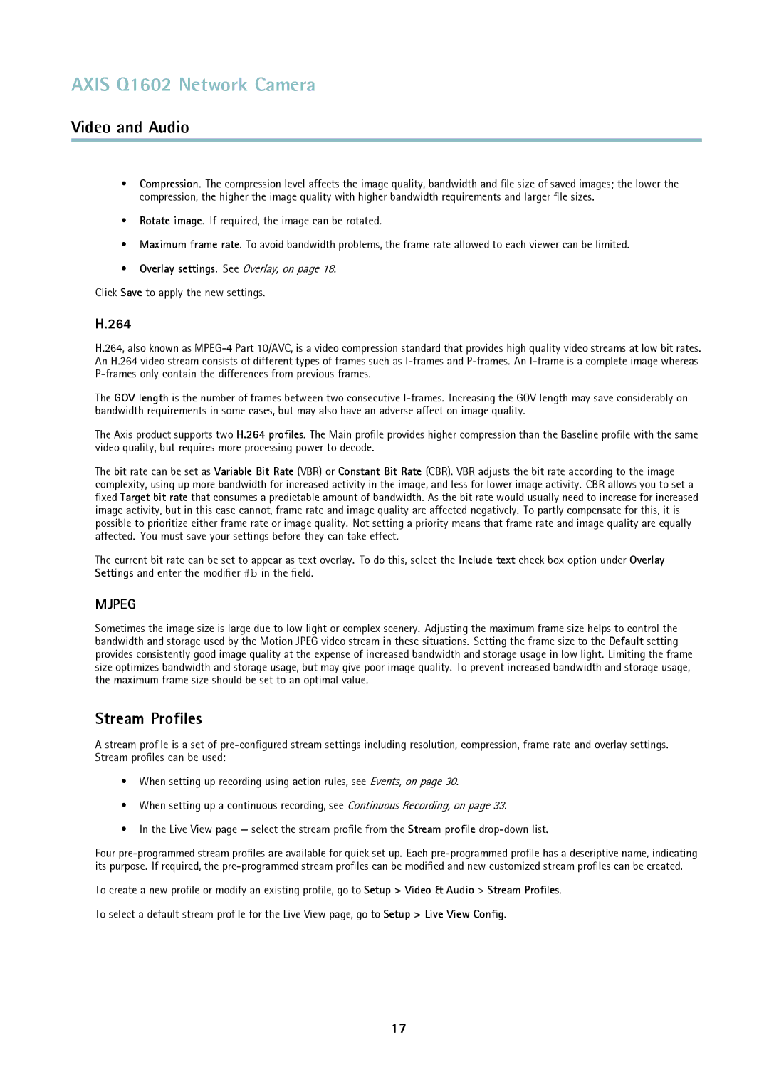 Axis Communications Q1602 user manual Stream Proﬁles, 264, Click Save to apply the new settings 