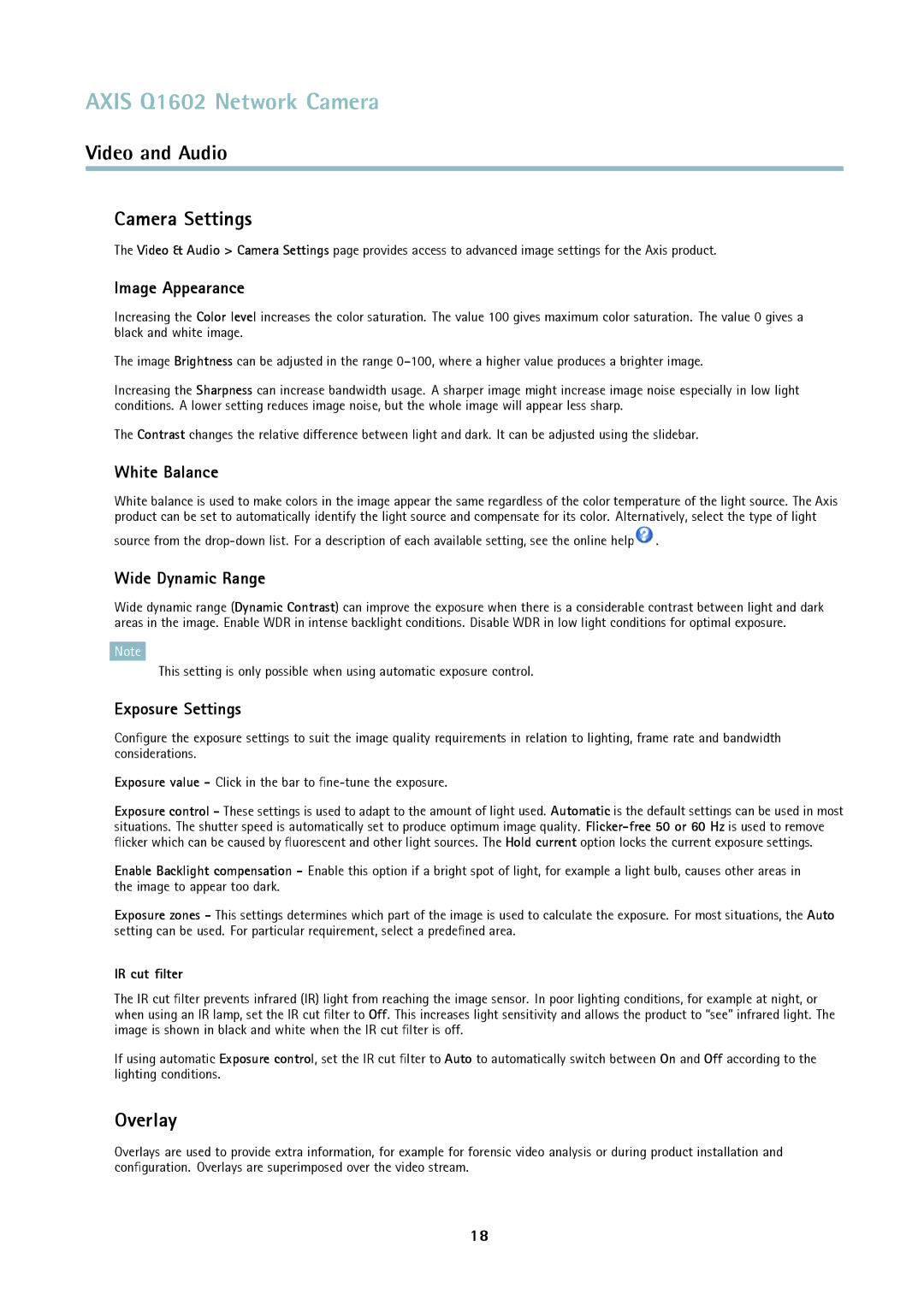 Axis Communications Q1602 user manual Camera Settings, Overlay 