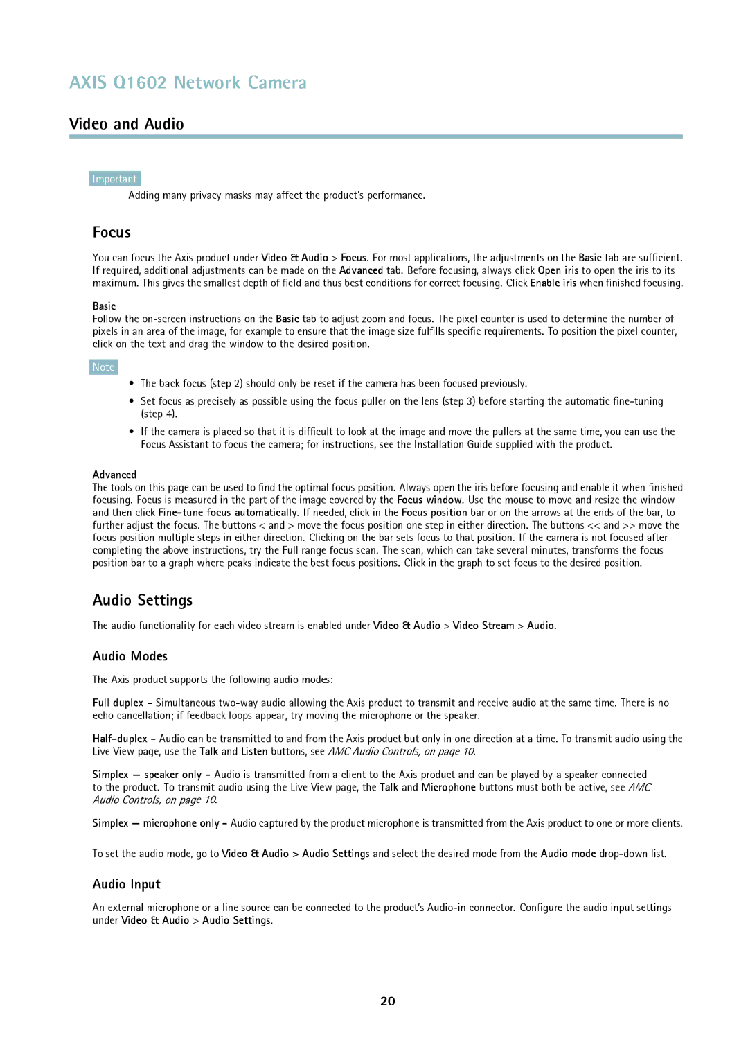 Axis Communications Q1602 user manual Focus, Audio Settings, Audio Modes, Audio Input 