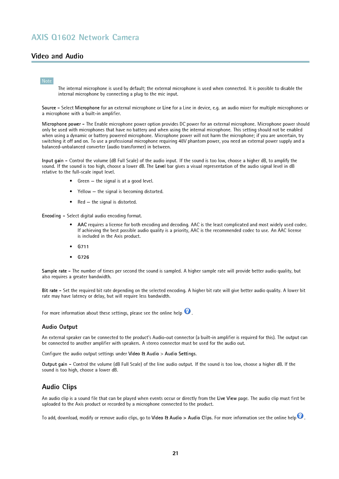 Axis Communications Q1602 user manual Audio Clips, Audio Output, G711 G726 