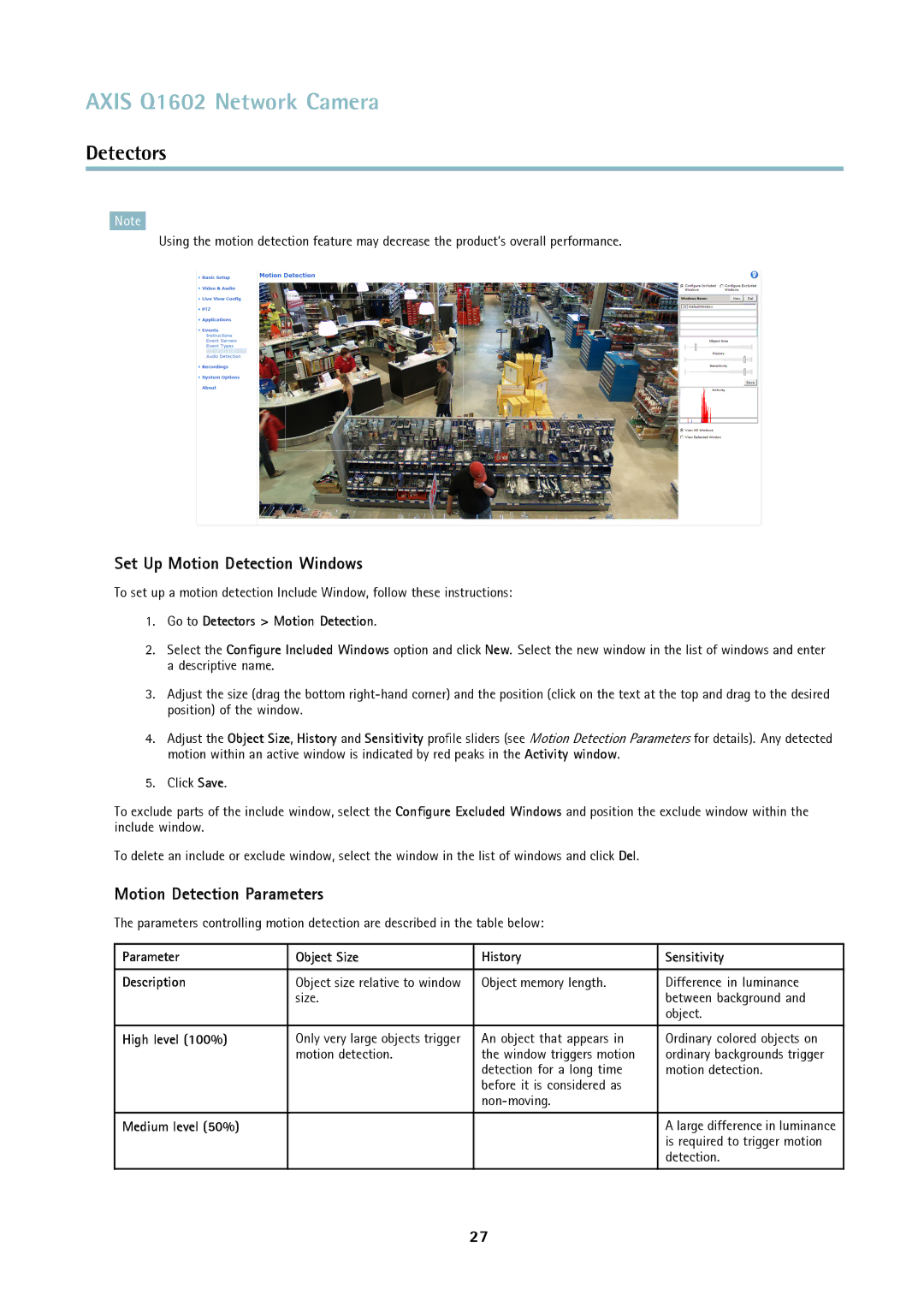 Axis Communications Q1602 user manual Set Up Motion Detection Windows, Motion Detection Parameters 