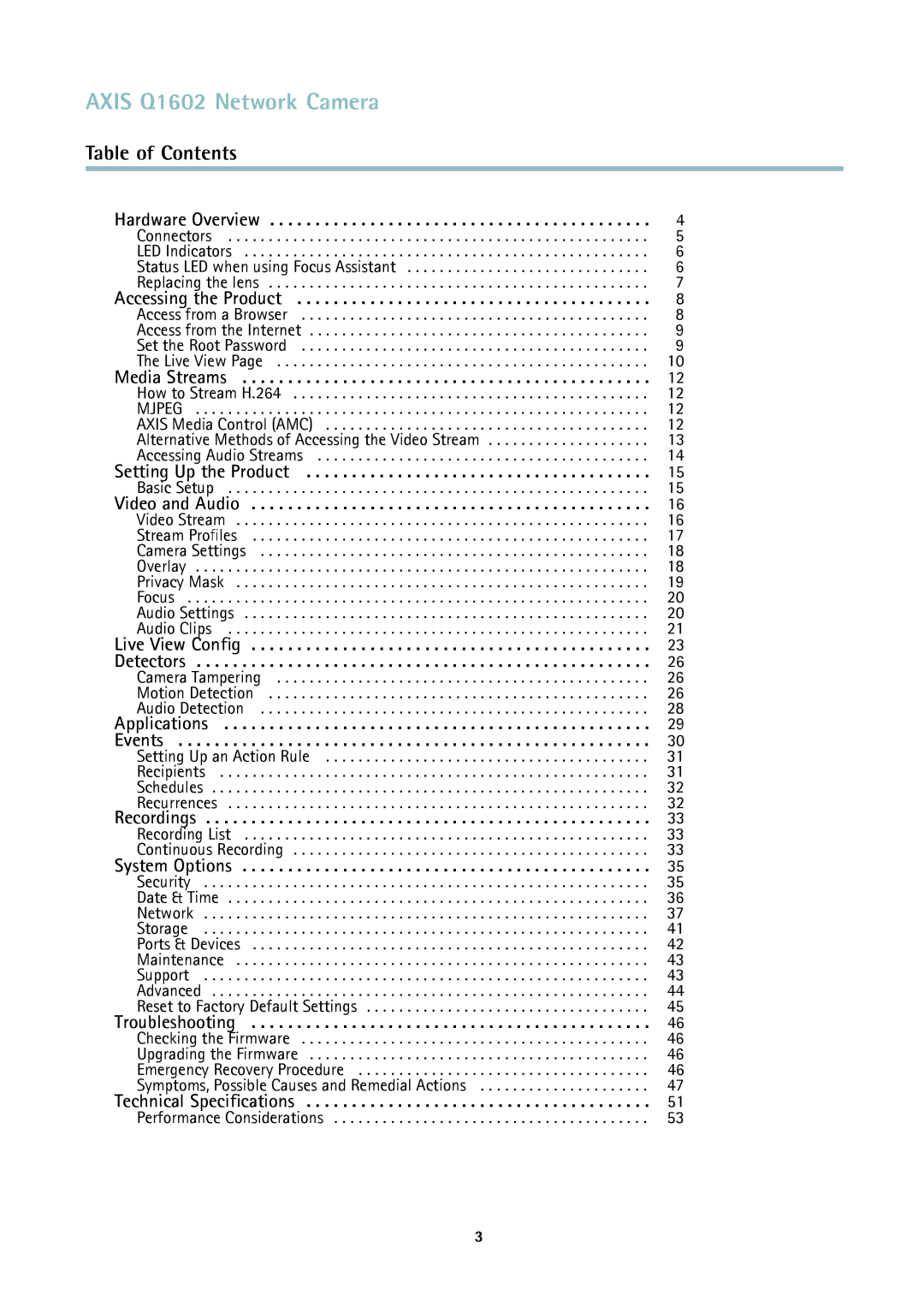 Axis Communications user manual Axis Q1602 Network Camera, Table of Contents 