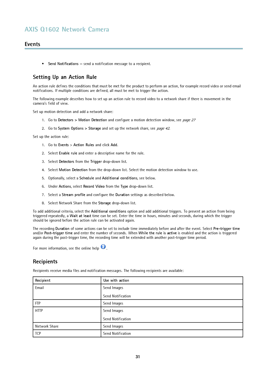 Axis Communications Q1602 user manual Setting Up an Action Rule, Recipients, Go to Events Action Rules and click Add 