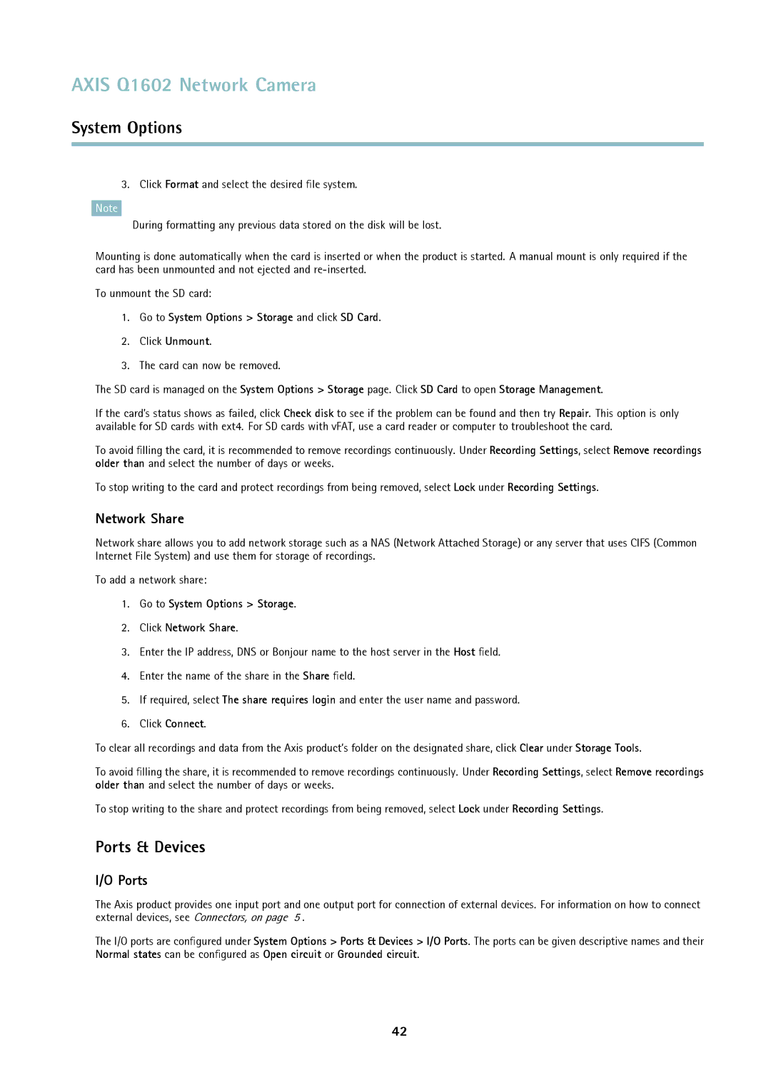 Axis Communications Q1602 user manual Ports & Devices, Go to System Options Storage Click Network Share 